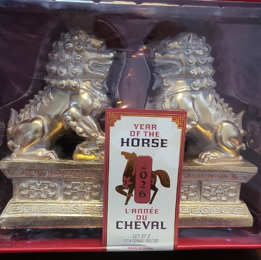Year of the Horse Gold Foo Dog Sculpture Set - 2026 Seasonal Decor